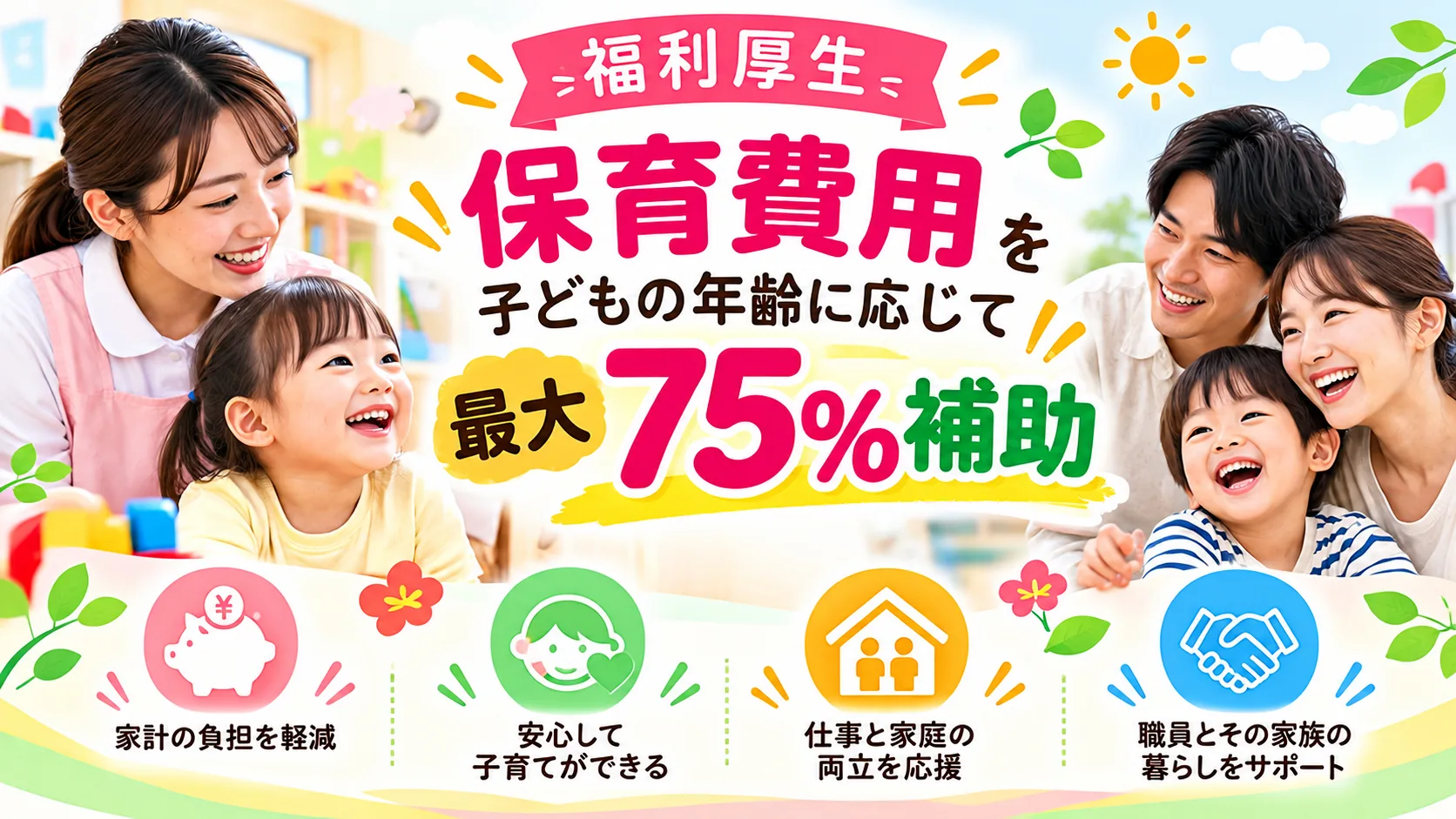 福利厚生：保育費用を子どもの年齢に応じて最大75％補助