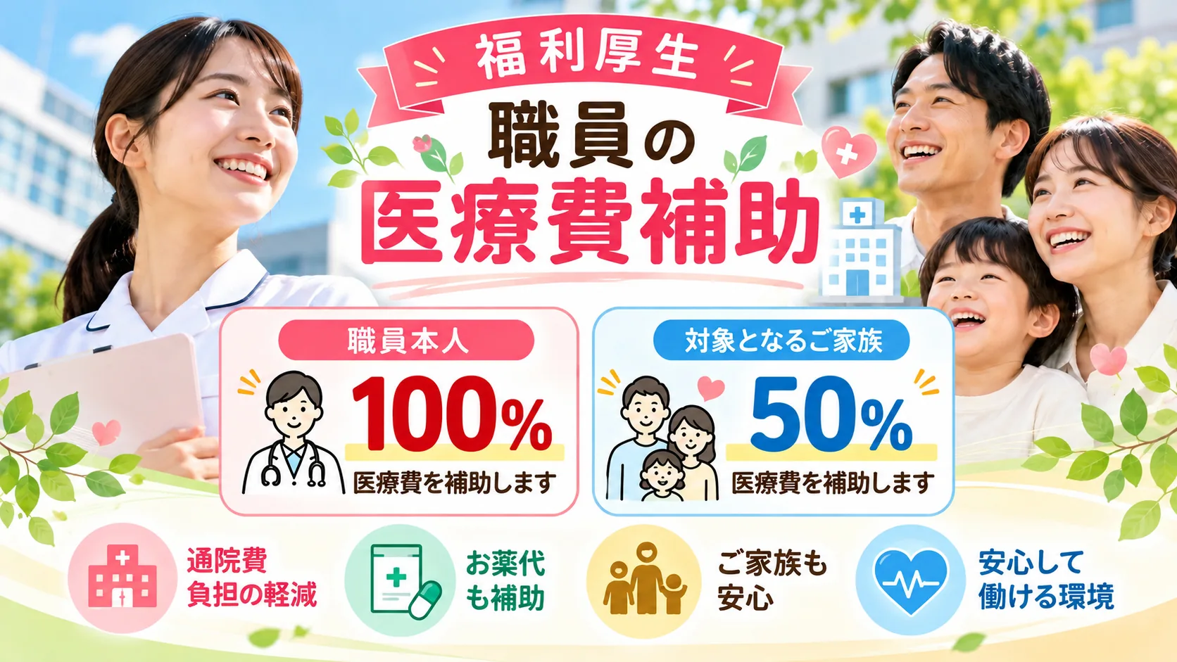 福利厚生：職員の医療費補助。職員本人は100％、対象となるご家族は50％の医療費を補助します